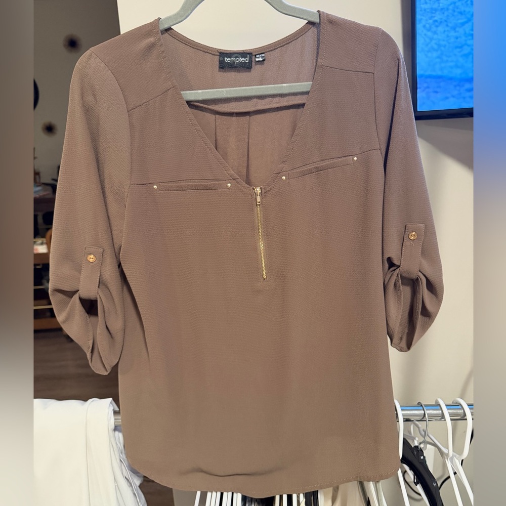 Tempted Women's Tan Blouse with Gold Zipper